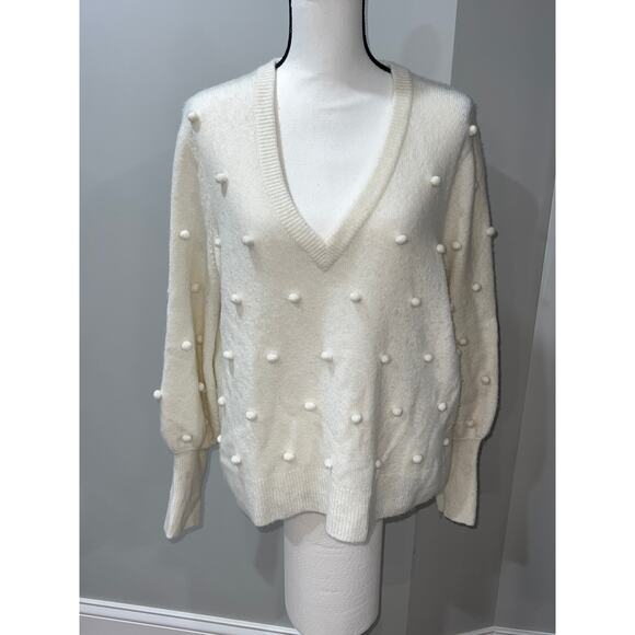 Madewell Cream Pom-Pom Sweater XL V-Neck Merino Wool Blend Cozy Soft Knit Sale!! - Picture 2 of 8